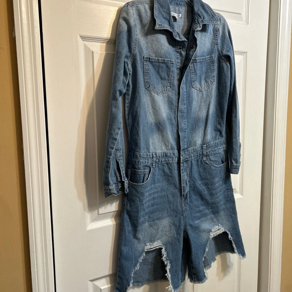 Fashion Nova Light Blue Distressed Denim Jumpsuit Romper - Picture 2 of 13